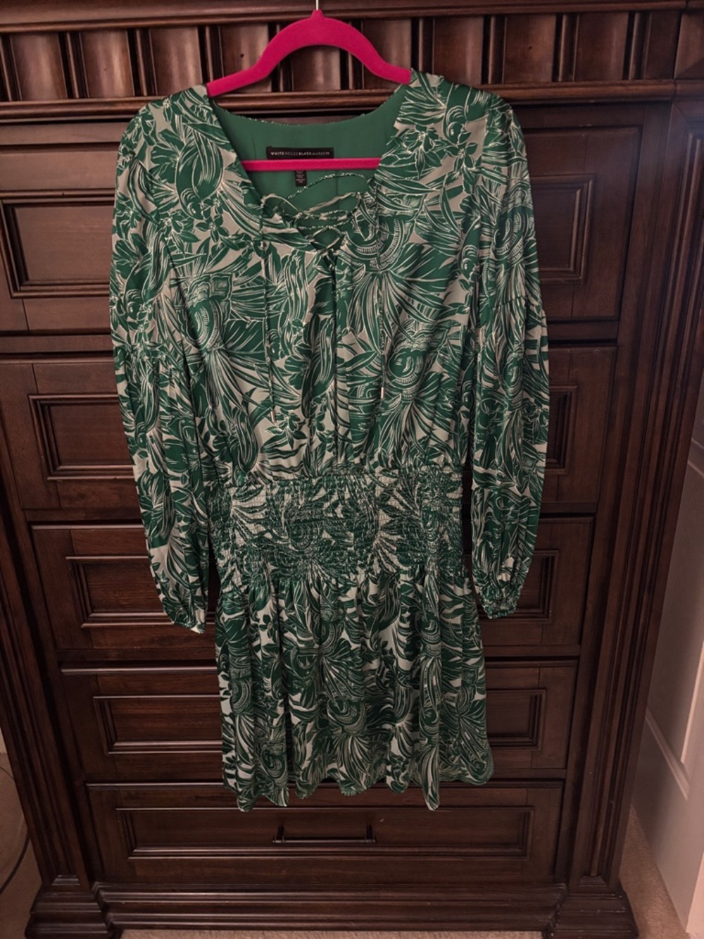 White House Black Market Green Printed Long-Sleeve Smocked-Waist Dress